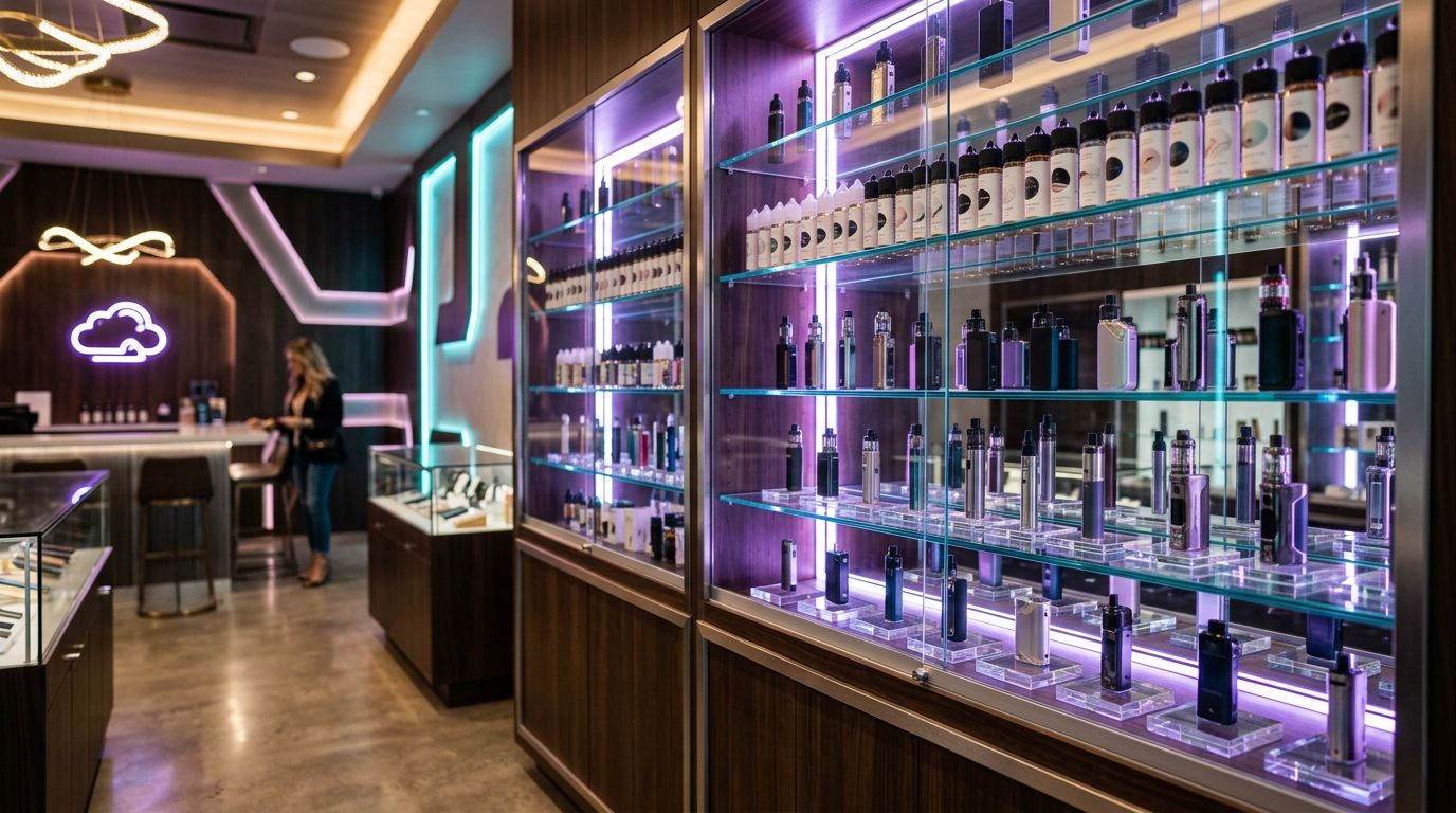 Vape display cases at SmokeAMania Clute TX