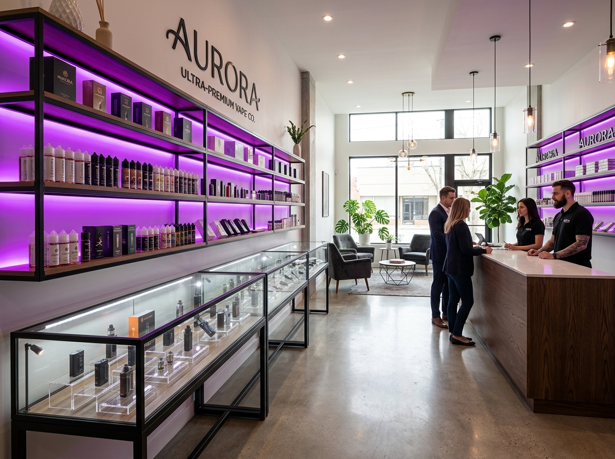 Interior view of SmokeAMania clean retail store layout